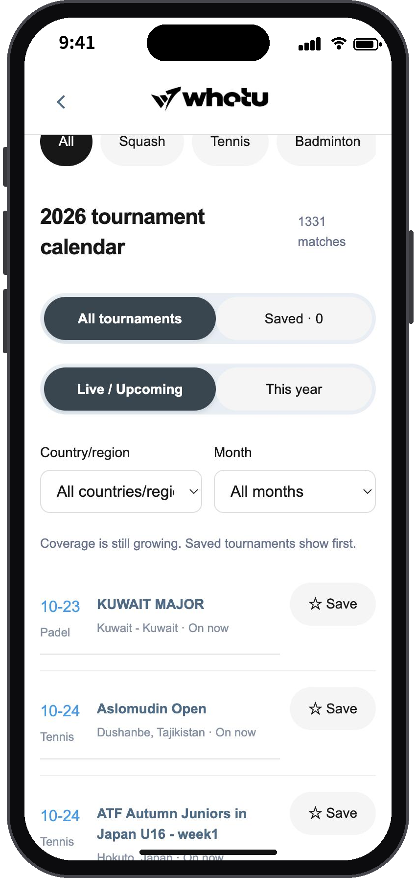 whotu app tournament calendar screen